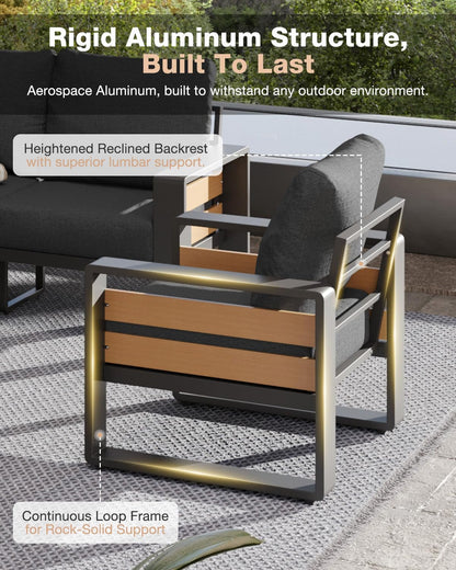 Aluminum Patio Furniture Set, 5 Piece Luxury Outdoor Sectional with 6" Olefin Fabric Cushions, Patio Conversation Sets with Coffee Table and Waterproof Cover for Backyard, Porch Dark Grey4