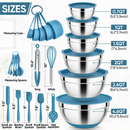 25PCS Mixing Bowls with Lid Set, Stainless Steel Nesting Prep Bowls with Grater Attachments Non-Slip Bottoms for Cooking, Baking, Serving, Food Storage, 4.6/2.6/2/1.5/1/0.7QT - Blue2