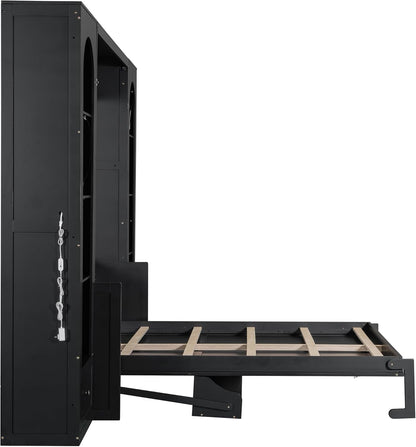 Queen Murphy Bed with Desk and Storage & LED Light, Solid Wood Hideaway Murphy Wall Bed with Storage Shelves Bookcase and Drawers for Adults Bedroom Office Library (Queen,Black)8