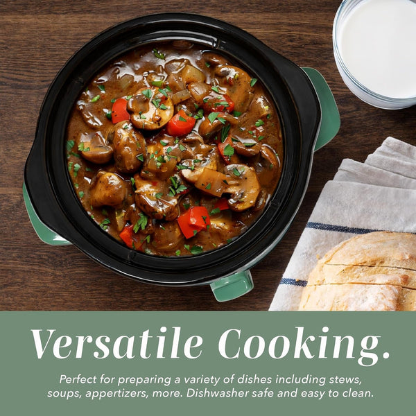 2QT Mini Electric round Slow Cooker - Adjustable Settings, Removable Stoneware Pot, Tempered Glass Lid, Dishwasher Safe, Cool-Touch Side Handles, Dark Sage7