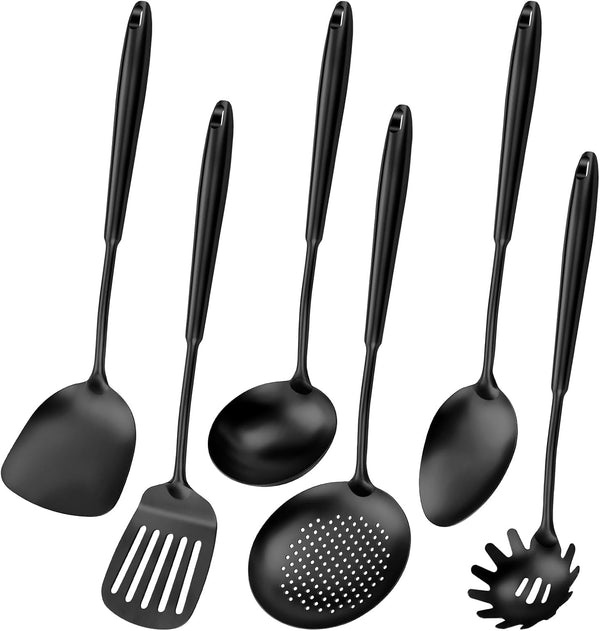 304 Stainless Steel Cooking Utensils,6 Pcs Kitchen Cooking Utensils Set with Spatula, Solid Spoon, Ladle, Skimmer, Spaghetti Spoon,Dishwasher Safe(Black)1