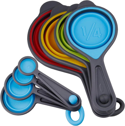 Measuring Cups and Spoons Set, Collapsible Measuring Cups, 8 Pieces Measuring Cups&Spoons Set, Engraved Metric & US Markings for Liquid&Dry Measuring, Space Saving, BPA Free Colorful Silicone1