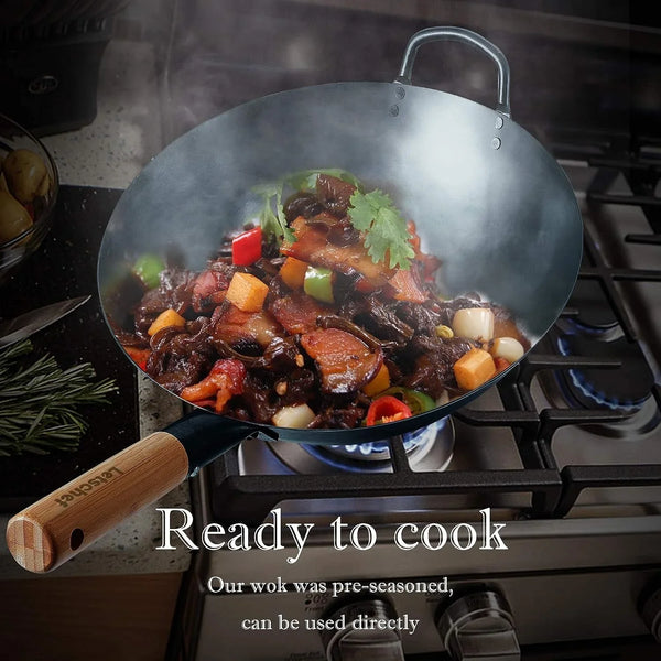 14 Inch Carbon Steel Wok with round Bottom-Free Chemical Cookware for Gas Stoves, Open Fire-Hand Hammered Chinese Traditional Wok with Bamboo Handle(No Lid Included)6