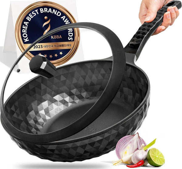 Diamond X Premium Non Stick Wok Pan with Lid - 11" Large Flat Bottom Chinese Wok - Woks & Stir-Fry Pans Nonstick - Titanium-Coated 8-Layered Korean Engineered Skillet for Frying, Oil-Free, Pfoa-Free1