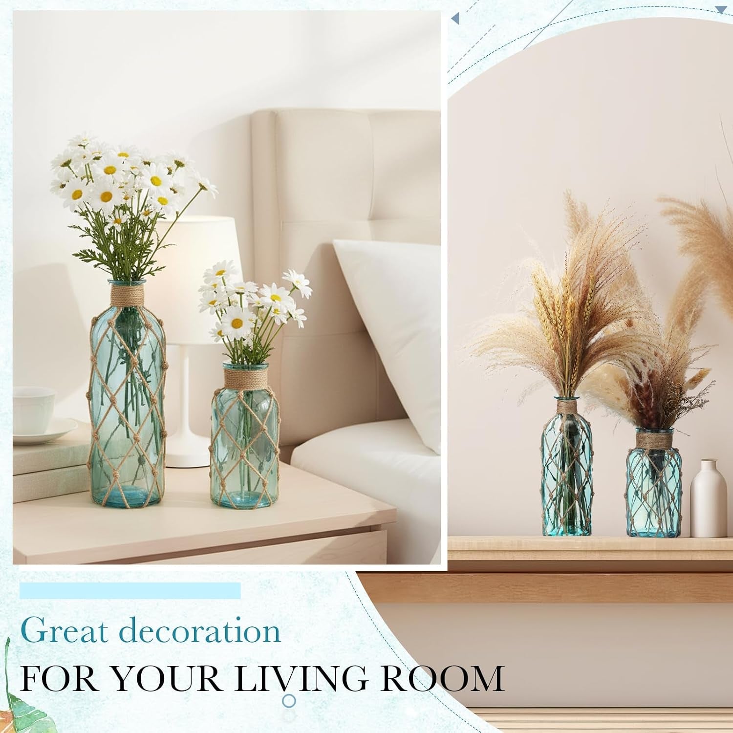 set-of-2-coastal-glass-flower-vase-with-boho-rope-light-blue-coastal-vase-small-sea-glass-jar-nautical-beach-bottle-for-wedding-table-centerpieces-floral-arrangement-decor