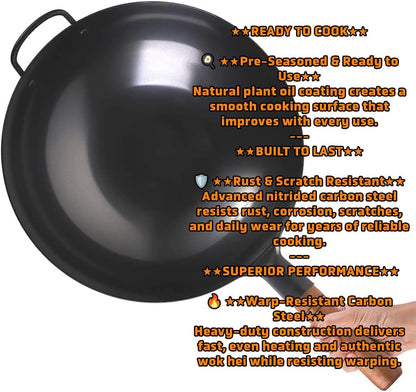 14" Pre-Seasoned Carbon Steel Wok Pan – Rust-Resistant Technology, Flat Bottom Stir Fry Pan with Stay-Cool Wooden Handle – Works on Gas, Electric & Induction2