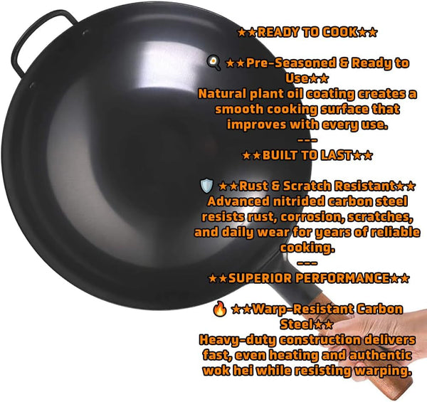 14" Pre-Seasoned Carbon Steel Wok Pan – Rust-Resistant Technology, Flat Bottom Stir Fry Pan with Stay-Cool Wooden Handle – Works on Gas, Electric & Induction2