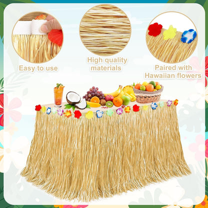 108X29.5In Hawaiian Grass Table Skirt for Luau Hawaiian Party Decorations | Luau Table Cloth, Waterproof Reusable, Reusable, Nylon Buckle Easy Setup, for Tiki Bar Summer Tropical Hula Parties Decor3