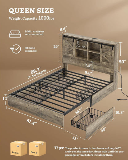 Farmhouse Queen Size Bed with 50" Tall Storage Bookcase Headboard3