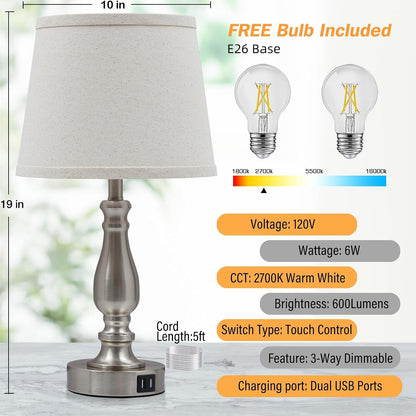 Lamps for Bedrooms Set of 2, Brushed Nickel Bedside Lamps with USB C+A Ports,Dimmable Nightstand Lamps with Fabric Lampshade, Touch Table Lamp for Living Room Bedroom Office, Bulbs Included3