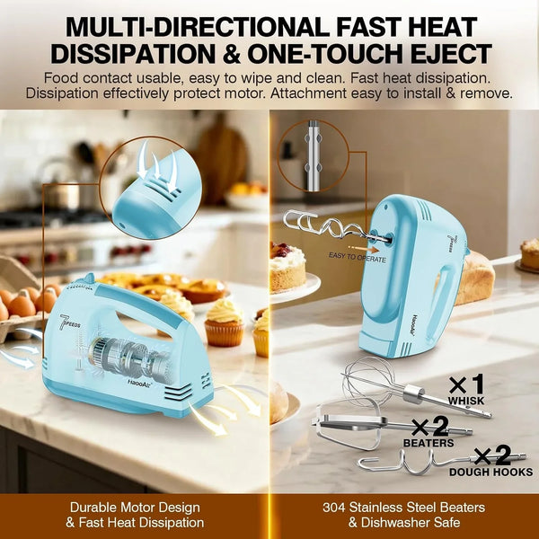 Electric Handheld Mixer, 7-Speed Adjustable Kitchen Mixer, 5 Stainless Steel Accessories (2 * Dough Hooks, 2 * Beaters, 1 * Whisk), Perfect for Kitchen and Baking Food Mixers, Blue5