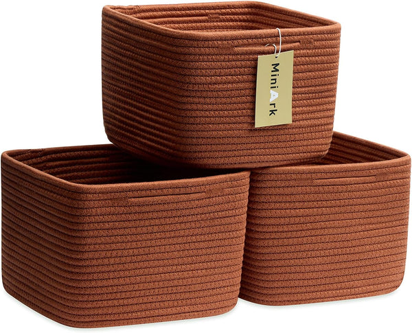 Small Organizing Baskets for Cubes Shelf, 9.7X9.7X7.1 Inch Rope Woven Storage Bins for Nursery Shelves Storage, Cute Toy Basket, Square 3 Packs Oxide Red1