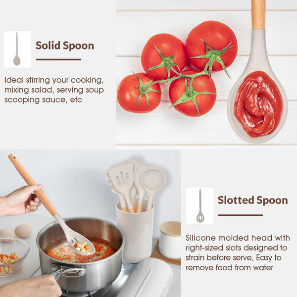 Cooking Utensils Set of 6, Silicone Kitchen Utensils with Wooden Handle, Non-Stick Cookware Friendly & Heat Resistant, Includes Spatula/Ladle/Slotted Turner/Serving Spoon/Spaghetti Server(Khaki)7