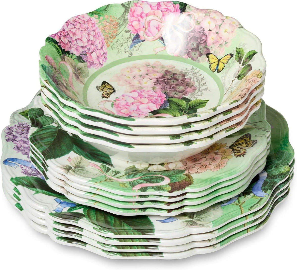 garden-path-melamine-12-piece-dinnerware-set-hydrangea-design-service-for-4-with-dinner-plates-salad-plates-and-bowls-durable-lightweight-and-dishwasher-safe