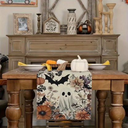 Halloween Ghost Pumpkin Bat Table Runner, Cute Flower Seasonal Linen Dinning Kitchen Decor for Holiday Home Party Decoration 13X90 Inch2
