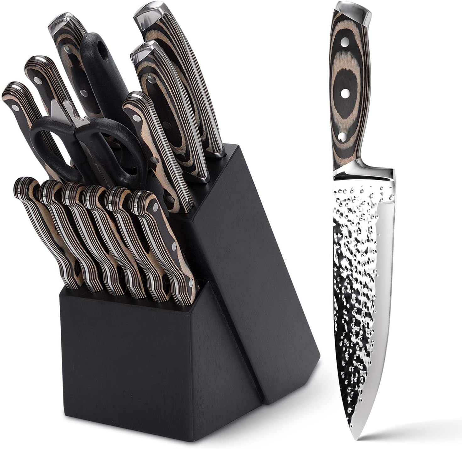 kitchen-knife-set-15-piece-knife-set-with-block-wooden-self-sharpening-for-chef-knife-set-high-carbon-japan-stainless-steel-hammered-collection-knife-block-set-with-steak-knives-gray
