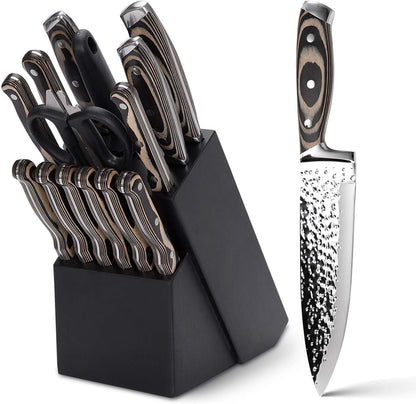 Kitchen Knife Set,15-Piece Knife Set with Block Wooden,Self Sharpening for Chef Knife Set,High Carbon Japan Stainless Steel Hammered Collection Knife Block Set with Steak Knives (Gray)1