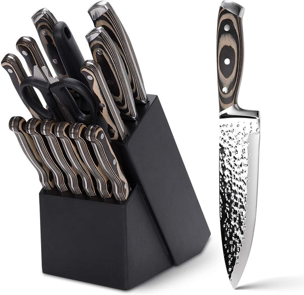 Kitchen Knife Set,15-Piece Knife Set with Block Wooden,Self Sharpening for Chef Knife Set,High Carbon Japan Stainless Steel Hammered Collection Knife Block Set with Steak Knives (Gray)1