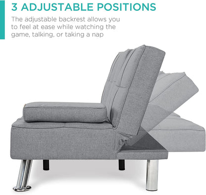 Linen Modern Folding Futon, Reclining Sofa Bed for Apartment, Dorm W/Removable Armrests, 2 Cupholders - Gray4