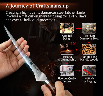 7 Inch Fillet Knife, Damascus Steel with 10Cr15Mov Core, Razor Sharp Boning Knife for Fish, Meat & Seafood, Rosewood Handle5