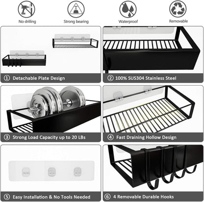 Shower Caddy, Adhesive Shower Organizer with Hooks, Shower Shelves for inside Shower, No Drilling Shower Rack Holder, Shower Storage for Bathroom, Kitchen Spice Rack-2 Pack Black3