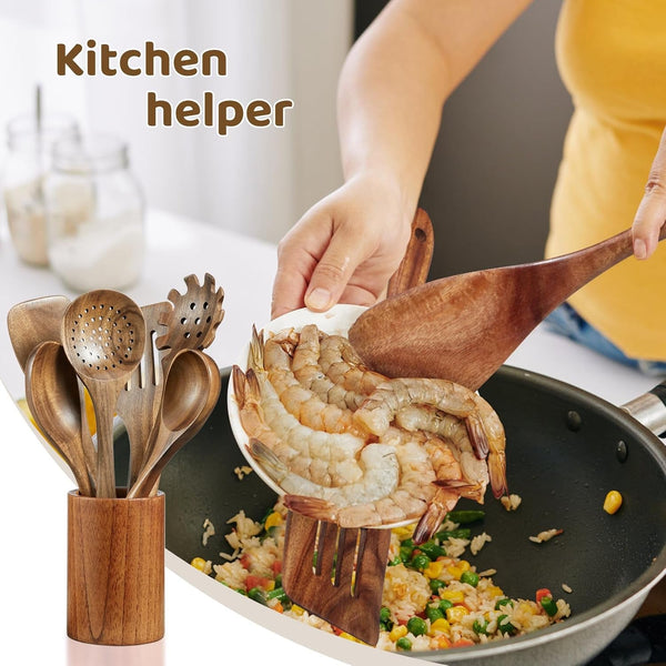 Wooden Kitchen Utensil Set,10 Piece Natural Teak with Spoon Rest & Hooks7