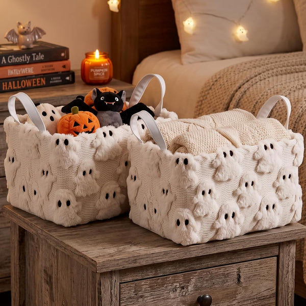 2 Halloween Ghost Storage Basket with Handle, Beige Ghost Decor1