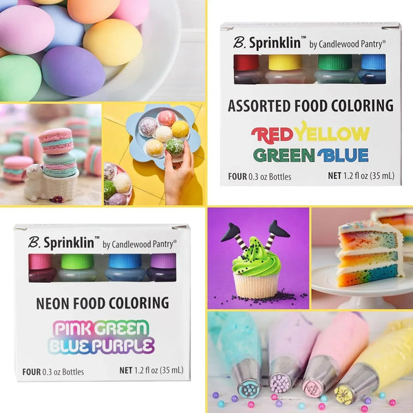 B. Sprinklin Assorted Liquid Food Coloring Kit - Neon and Regular (8) Colors, Vibrant Food Dye for Slime Crafts, Dying Eggs, Frosting and Cake Decorating, 8 Bottles, 0.3 Fl Oz by3