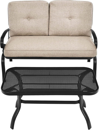 Patio Loveseat with Table Set, 2 Seat Cushioned Sofa with Coffee Table, Patio Conversation Sofa Set with Rustproof Frame, 2 Pieces Outdoor Furniture Set for Garden, Poolside, Balcony (Beige)9