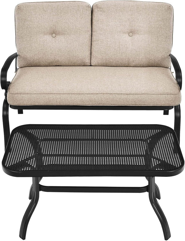 Patio Loveseat with Table Set, 2 Seat Cushioned Sofa with Coffee Table, Patio Conversation Sofa Set with Rustproof Frame, 2 Pieces Outdoor Furniture Set for Garden, Poolside, Balcony (Beige)9