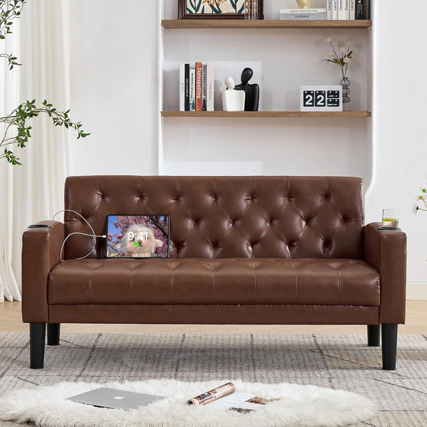 62'' Brown Leather Loveseat, Small Couch with USB for Living Room9