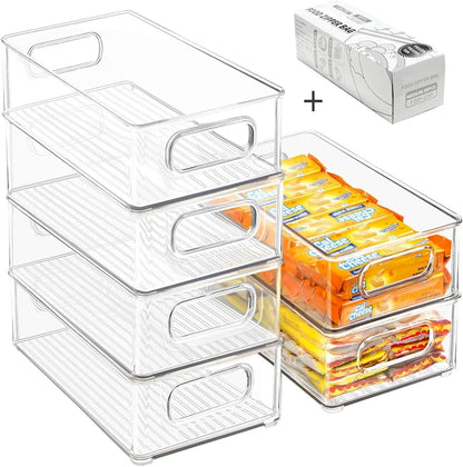 Stackable Refrigerator Organizer Bins, 6 Pack Clear Kitchen Organizer Container Bins with Handles and 20 PCS Plastic Bags for Pantry, Cabinets, Shelves, Drawer, Freezer - Food Safe, BPA Free 10"L4