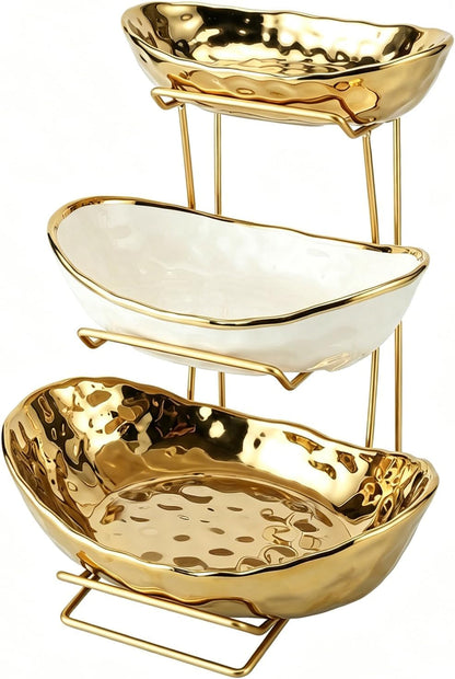 3 Tier Ceramic Fruit Bowl for Kitchen Counter with Metal Rack, Fruit Basket with Stand, Porcelain Bowls for Vegetable Bread Candy Snack Nuts Dessert Cake Tray (Gold 3 Layer)1