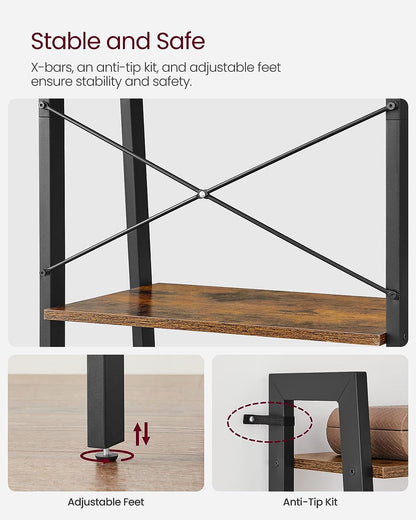 VASAGLE Ladder Shelf, 4-Tier Bookshelf, Storage Rack, Steel Frame | Bookcase, Living Room, Home Office, Kitchen, Bedroom, Rustic Brown and Matte Black, BARNET Collection ULLS44X4