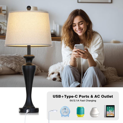 30“ Black Table Lamps for Living Room, 3-Way Dimmable Touch Control Lamp with USB A+C Ports and AC Outlet, Tall Bedside Lamps Set of 2, Metal Bedroom Lamp for Nightstand, 2 Bulbs Included3