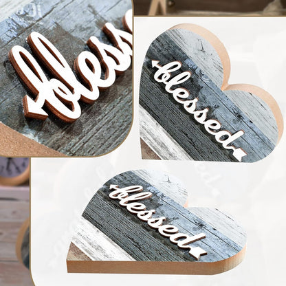 2 Pcs Rustic Wooden Heart Block Home Decor, Grateful Style | Decoration for Shelves, Table Centerpiece for Mantel, Blessed Blue Accent, Decorative Plaques for Home Living Room Gift3