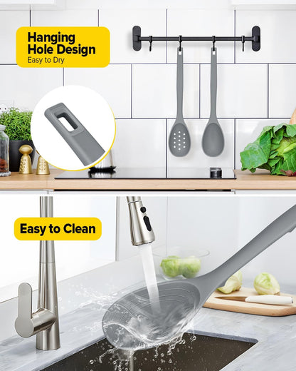 Pack of 2 Silicone Cooking Spoons, Non Stick Solid Kitchen Spoon with Measuring Marks & Back Hooks, Heat Resistant Silicone Slotted Spoon for Cooking, Mixing, Stirring,Serving (GRAY)6