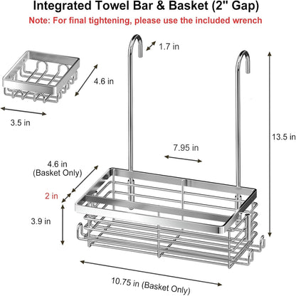 Hanging Shower Caddy, 304 Stainless Steel Shower Organizer with Towel Bar & Hooks, over Shower Rod, Towel Bar or Glass Panel Storage Basket with Soap Holder, Rustproof Bathroom Caddy, 1 Pack2