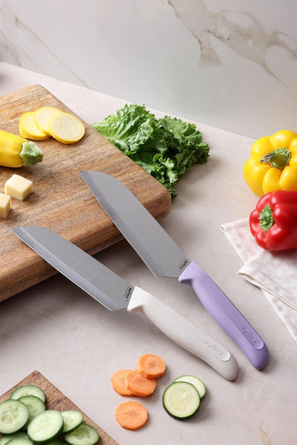 Classic 2 Piece Santoku Knife Set, Stainless Steel 15° Hollow-Ground Blades, Ergonomic Wheat Straw Handles, Finger Guard & Blade Covers, Dishwasher Safe3