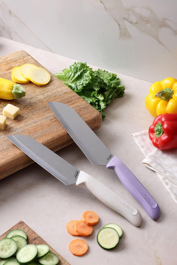 Classic 2 Piece Santoku Knife Set, Stainless Steel 15° Hollow-Ground Blades, Ergonomic Wheat Straw Handles, Finger Guard & Blade Covers, Dishwasher Safe3