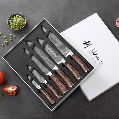 EDIB Damascus Chef Knife Set, VG10 Core Blades, 6-Pcs Kitchen Knives | Six Damascus Chef Knives with 67-Layer VG10 Damascus Steel for All Kitchen Needs, Pakkawood Handles and Wooden Gift Box8