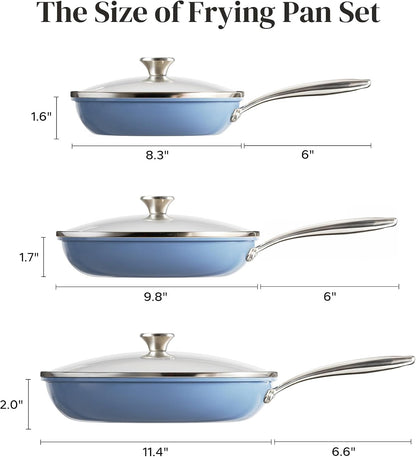 Nonstick Cookware Sets, Ceramic Frying Pan Set with Tempered Glass Lids, Non Stick Cooking Set, Dishwasher & Oven Safe, Induction Safe, Compatible with All Cooktops, Blue (8", 9.5", 11")9