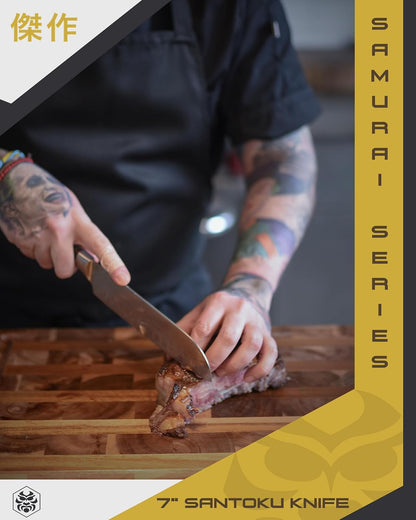 Santoku Knife - 7 Inch - Samurai Series - Razor Sharp Kitchen Knife - Forged 7Cr17Mov High Carbon Stainless Steel - Wood Handle with Blade Guard6