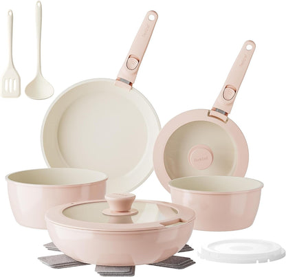 Pans and Pots Set Nonstick, Ceramic Cookware Set with Detachable Handles 16Pcs, Induction Dishwasher Oven Safe Kitchen Cooking Set, PFAS PFOA & PTFE Free, Pink1