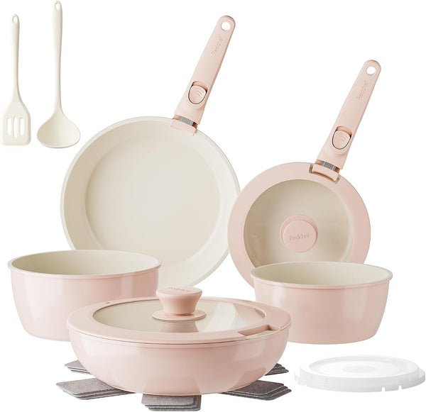 Pans and Pots Set Nonstick, Ceramic Cookware Set with Detachable Handles 16Pcs, Induction Dishwasher Oven Safe Kitchen Cooking Set, PFAS PFOA & PTFE Free, Pink1