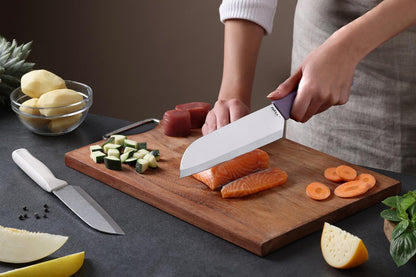 Classic 2 Piece Santoku Knife Set, Stainless Steel 15° Hollow-Ground Blades, Ergonomic Wheat Straw Handles, Finger Guard & Blade Covers, Dishwasher Safe7