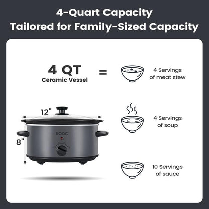 4-Quart Slow Cooker, 3 Cooking Settings, Dishwasher Safe Ceramic Crock, Lid, Free Pot Liners Included, GREY, Ellipse Pot4