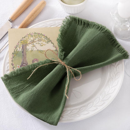 6 Pack Olive Green Cotton Linen Napkins with Fringe Green Cloth Napkins Set of 6 Boho Handmade Dinner Table Napkins for Wedding Bridal Baby Shower Tea Party, 17 X 17 Inches4