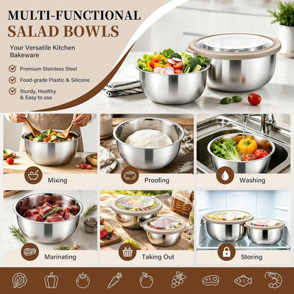 Mixing Bowls with Lids Set of 3, Khaki Stainless Steel Salad Bowl5