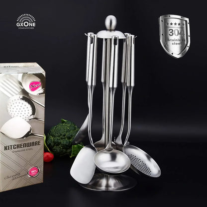 Cooking Utensils Set,6 PCS with Utensils Holder,304 Stainless Steel | round Handle,For Kitchen Cooking,Includes: Wok Spatula, Soup Ladle, Slotted Spoon, Spaghetti Spoon, Utensils Holder6